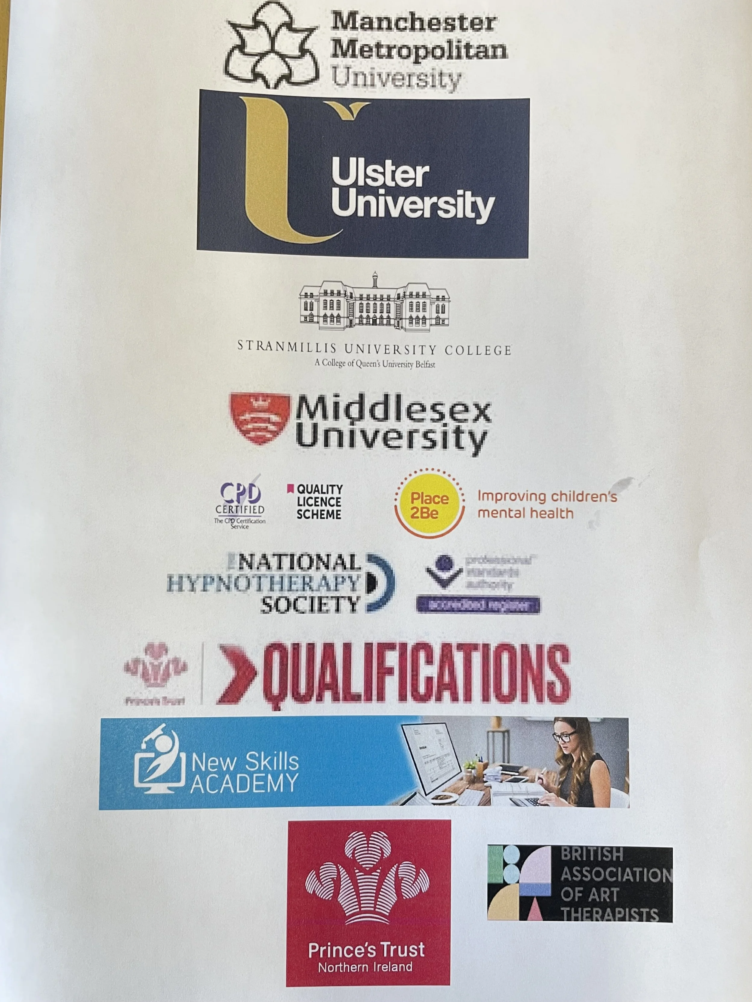 Collection of logos and text representing various educational and professional organizations, including Manchester Metropolitan University, Ulster University, Stranmillis University College, Middlesex University, National Hypnotherapy Society, New Skills Academy, Prince's Trust Northern Ireland, and British Association of Art Therapists.