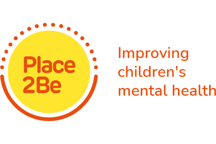 Logo with yellow circle and red text that says 'Place 2Be' and orange dotted border, alongside text 'Improving children's mental health'.