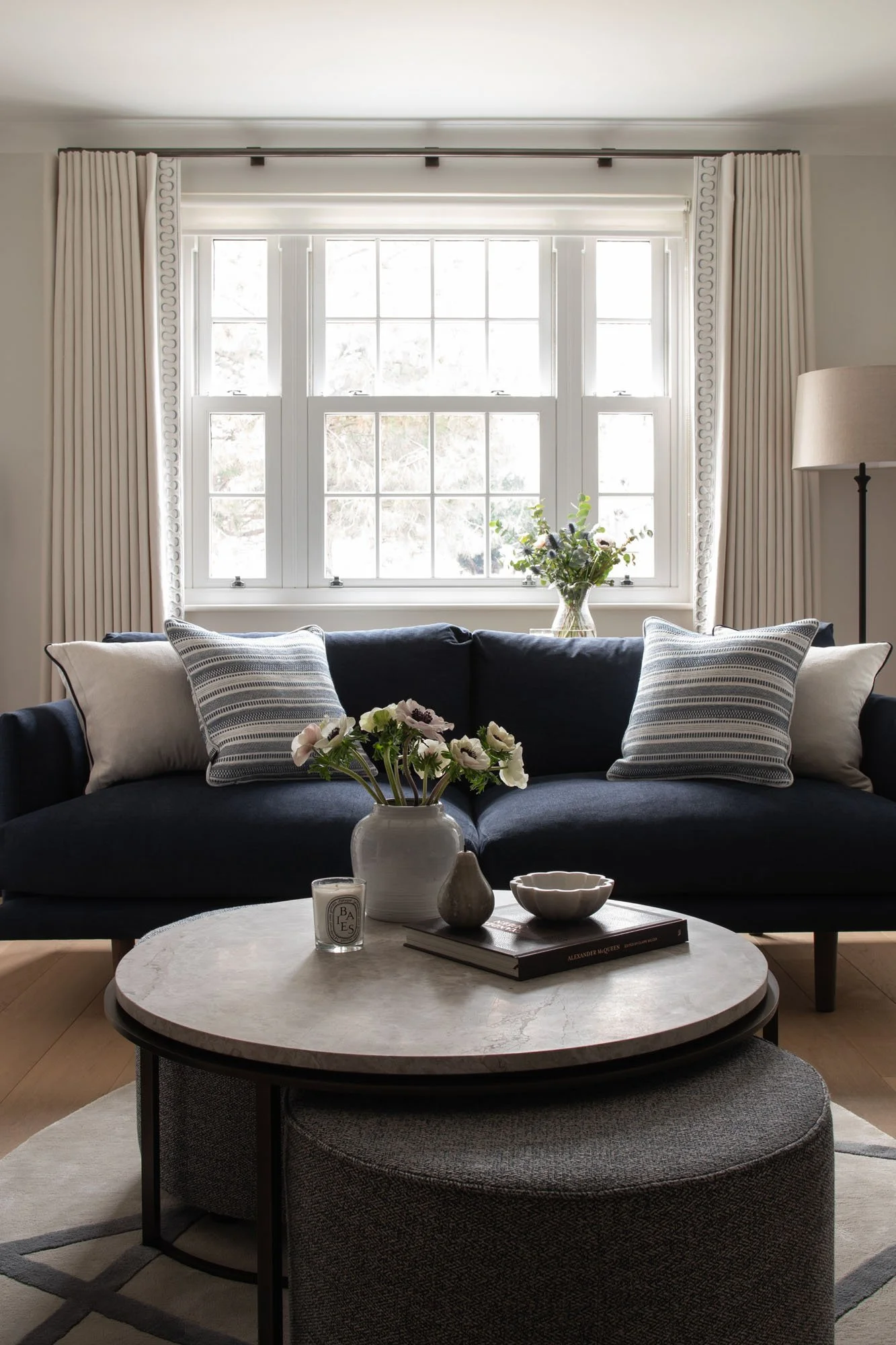 South West London Contemporary Living Room Renovation curtain treatment 