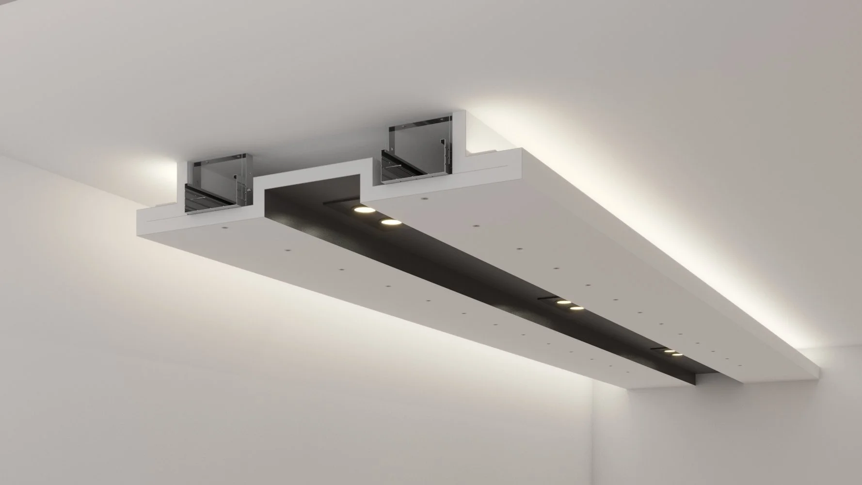 Vgroove - prefabricated double sided light cove profile with recessed spotlightslight