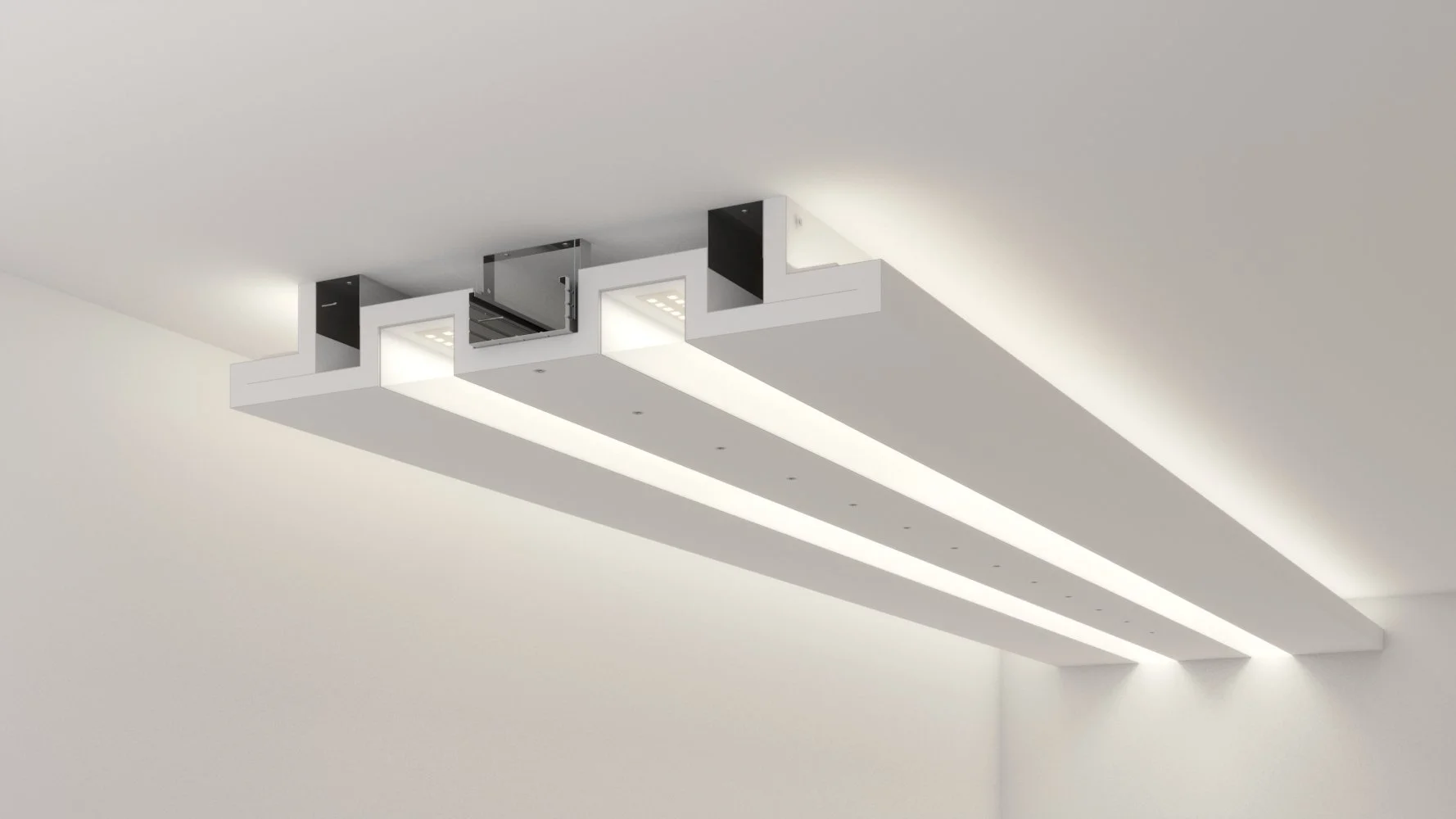 Vgroove - prefabricated double sided light cove profile with two recesses for LED strip light bars/light bars