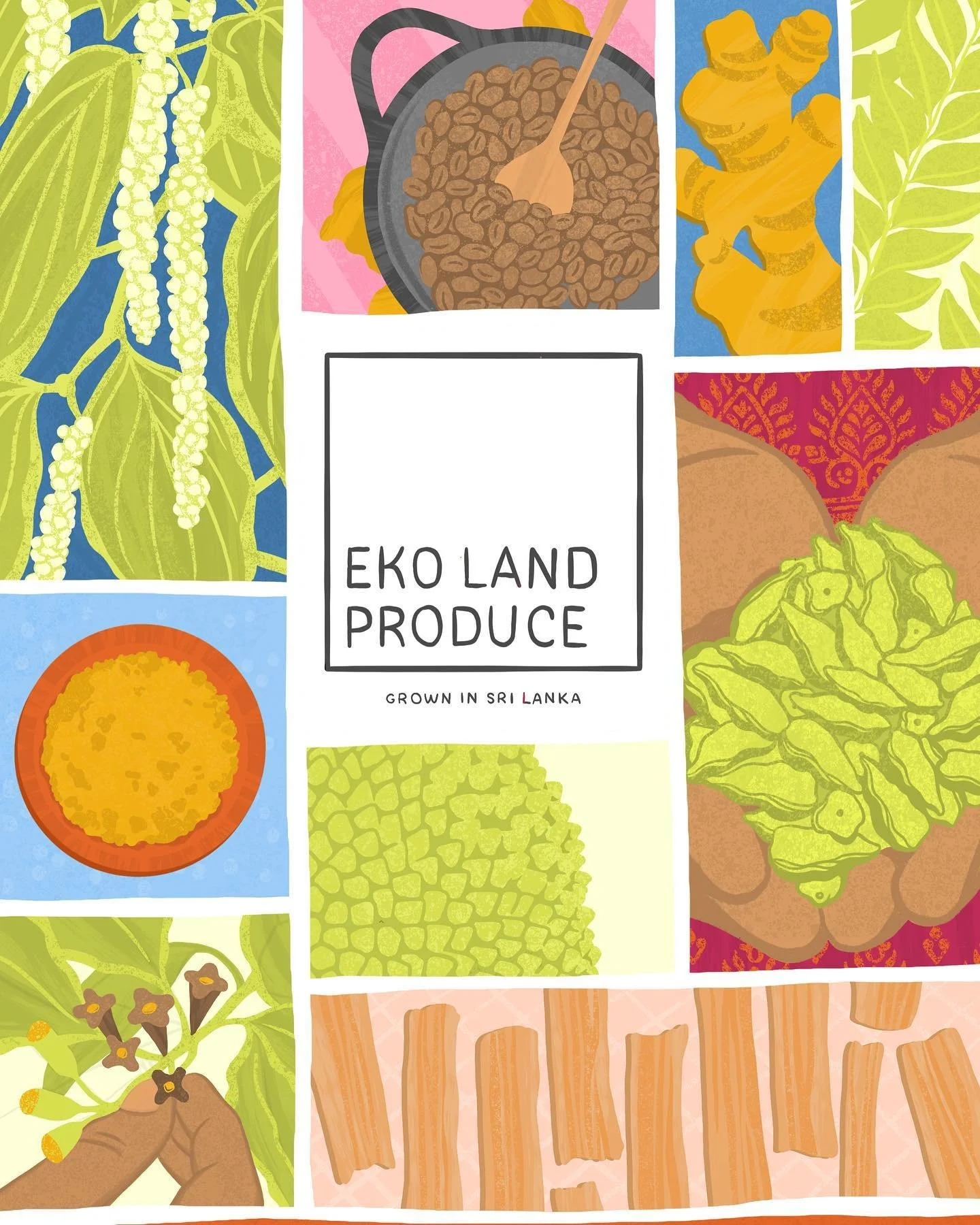 illustration inspired by wanders past the jackfruit trees, peppercorn vines, turmeric plants, clove flowers, sun-dried cinnamon barks, and the heavenly roasting coffee of @ekoland_produce - a wonderful organic spice and coffee farm created to empower