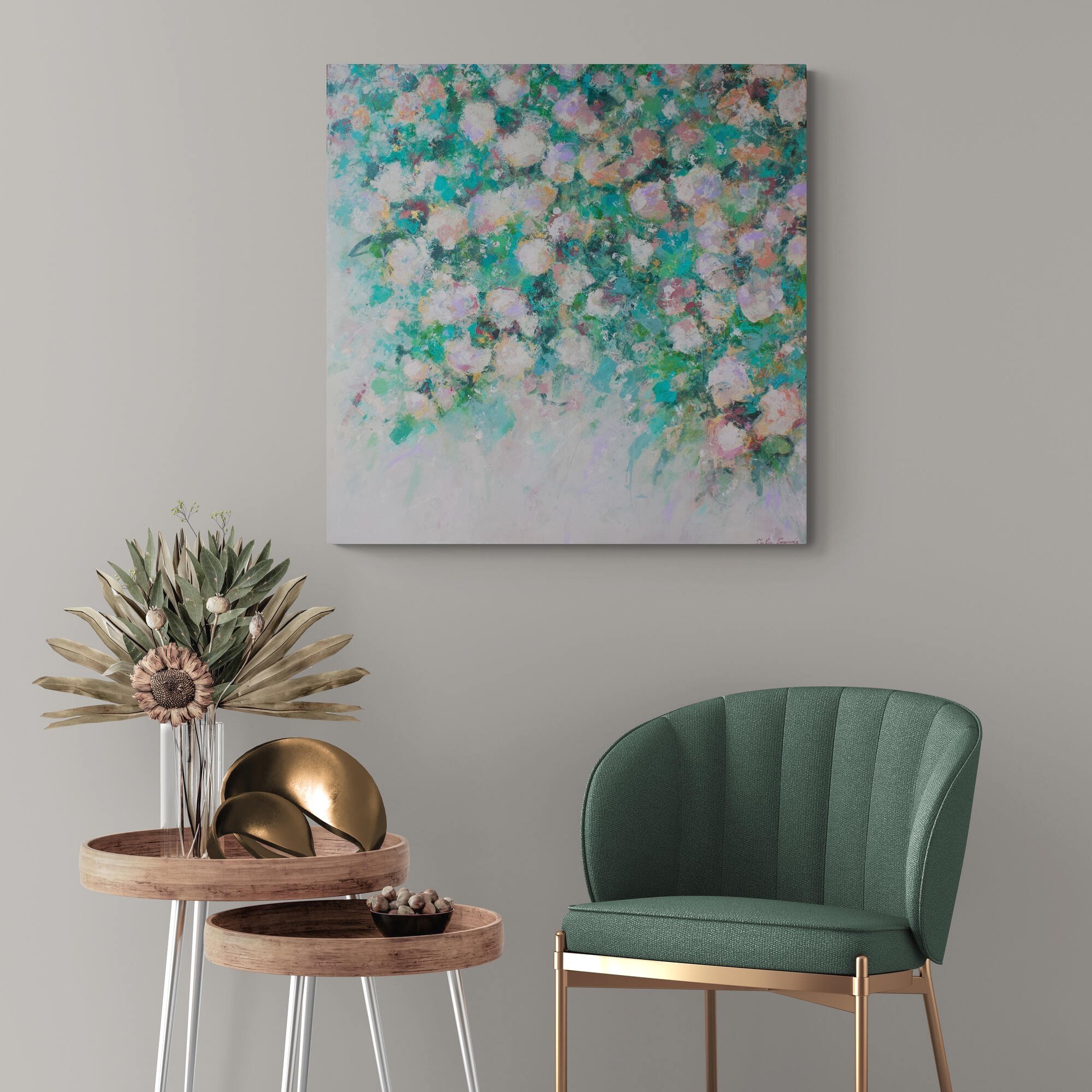 white green floral painting in the gold living room