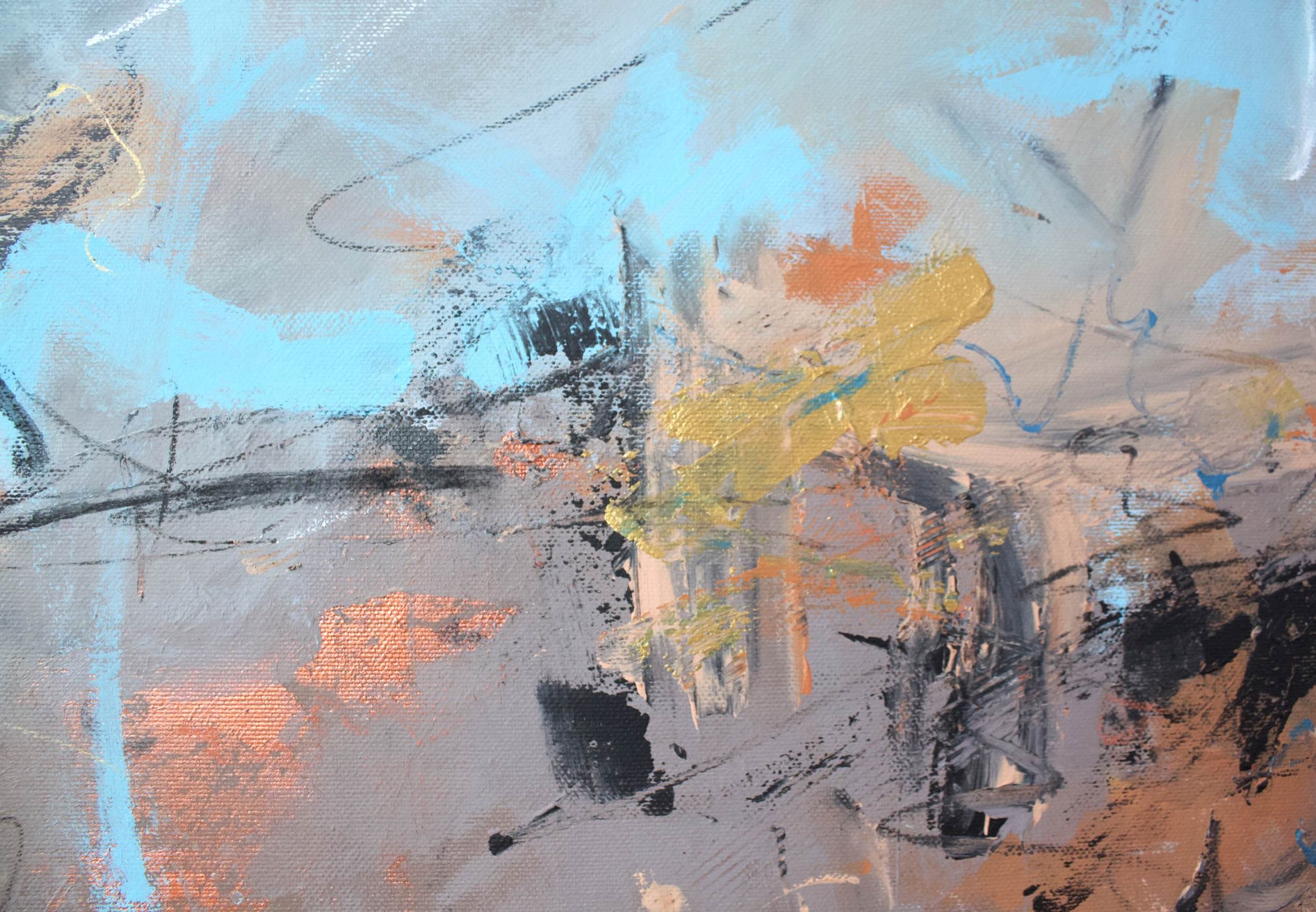 gold, copper, square painting, blue taupe artwork