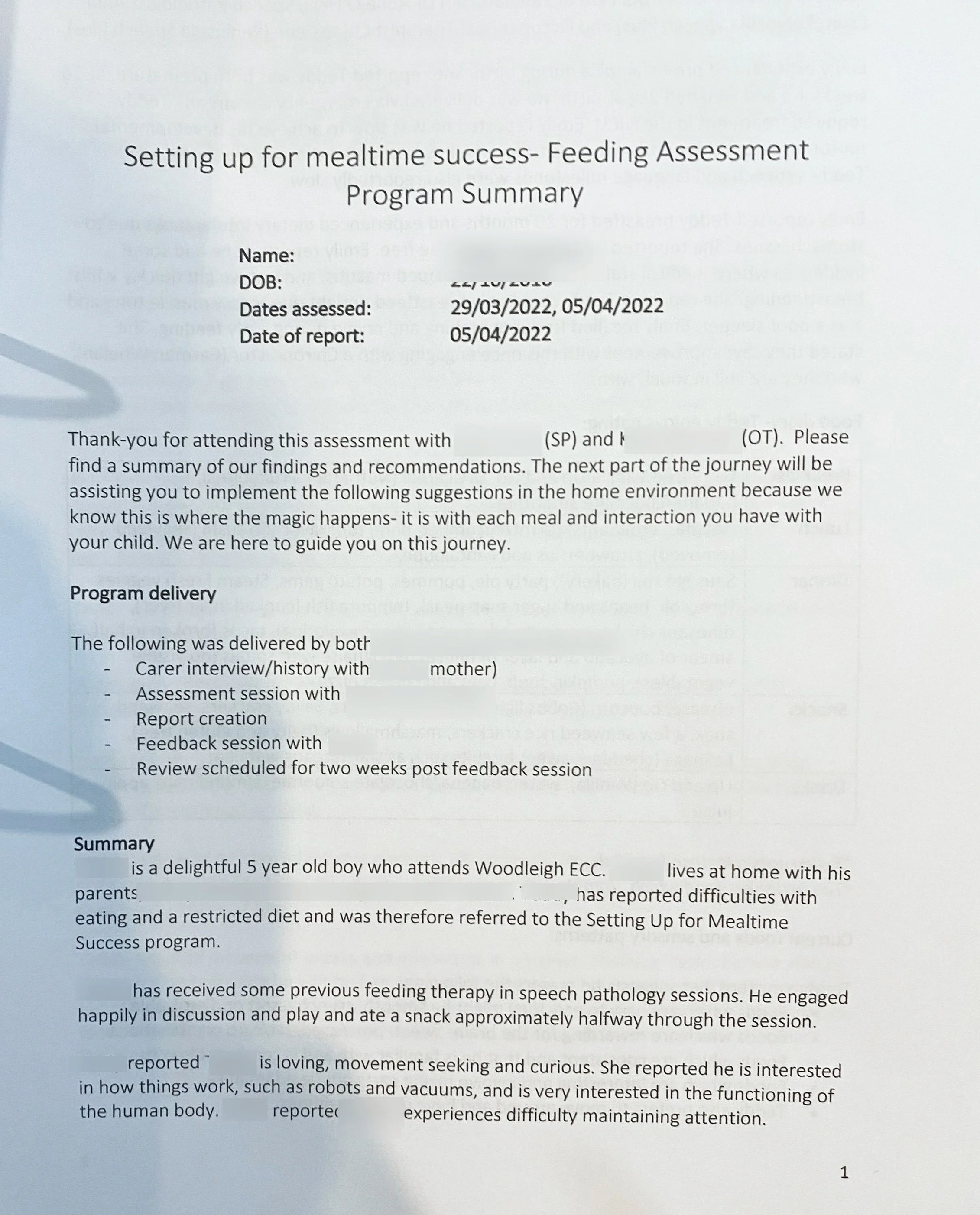 Artefact 24 -  Example of filed documentation for student with developmental concerns.