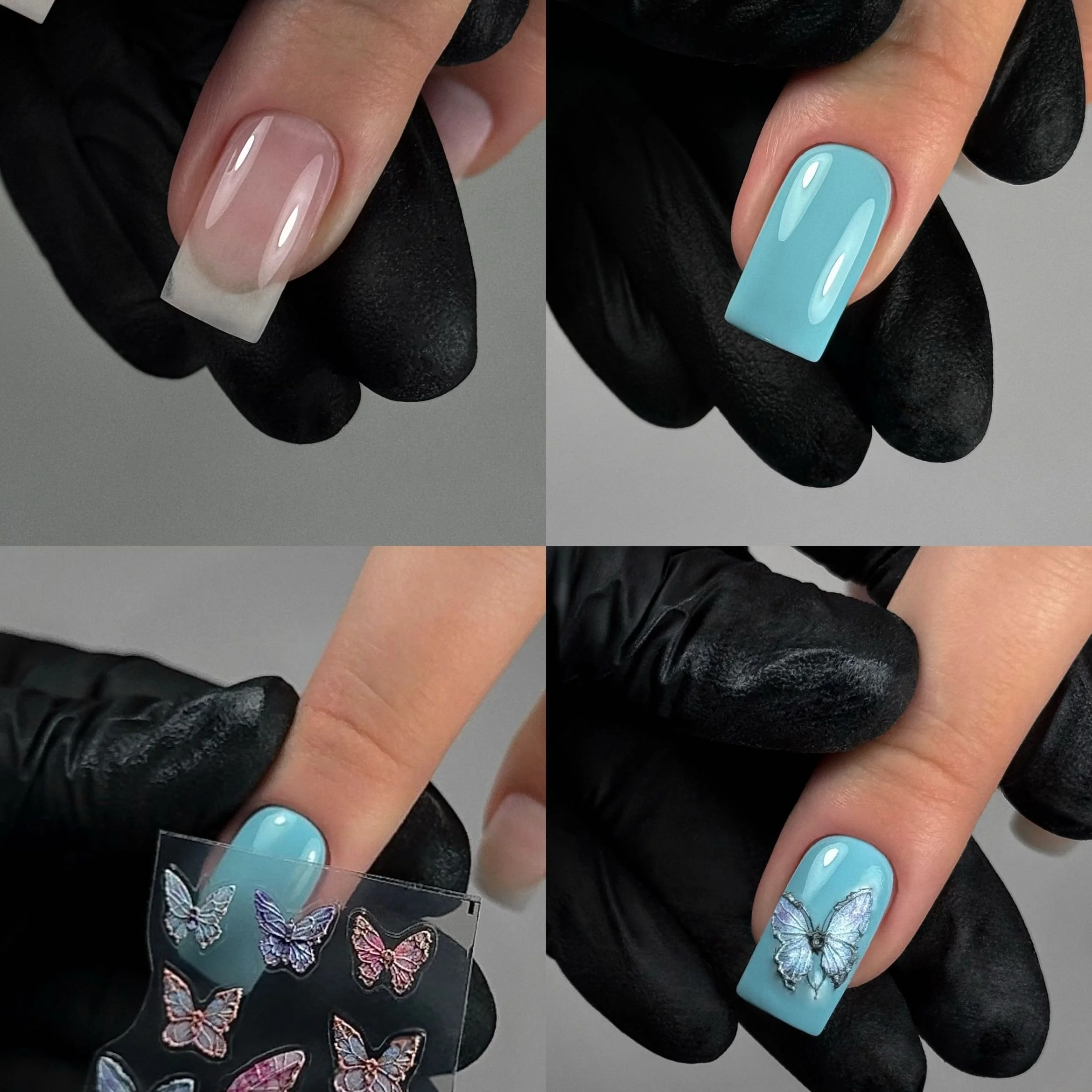 A person applying butterfly nail art decals to light blue painted fingernails.