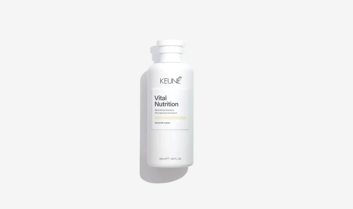 A white bottle of KEUNE Vital Nutrition nourishing shampoo with Immortelle Extract, 300 ml, placed on a plain light background.