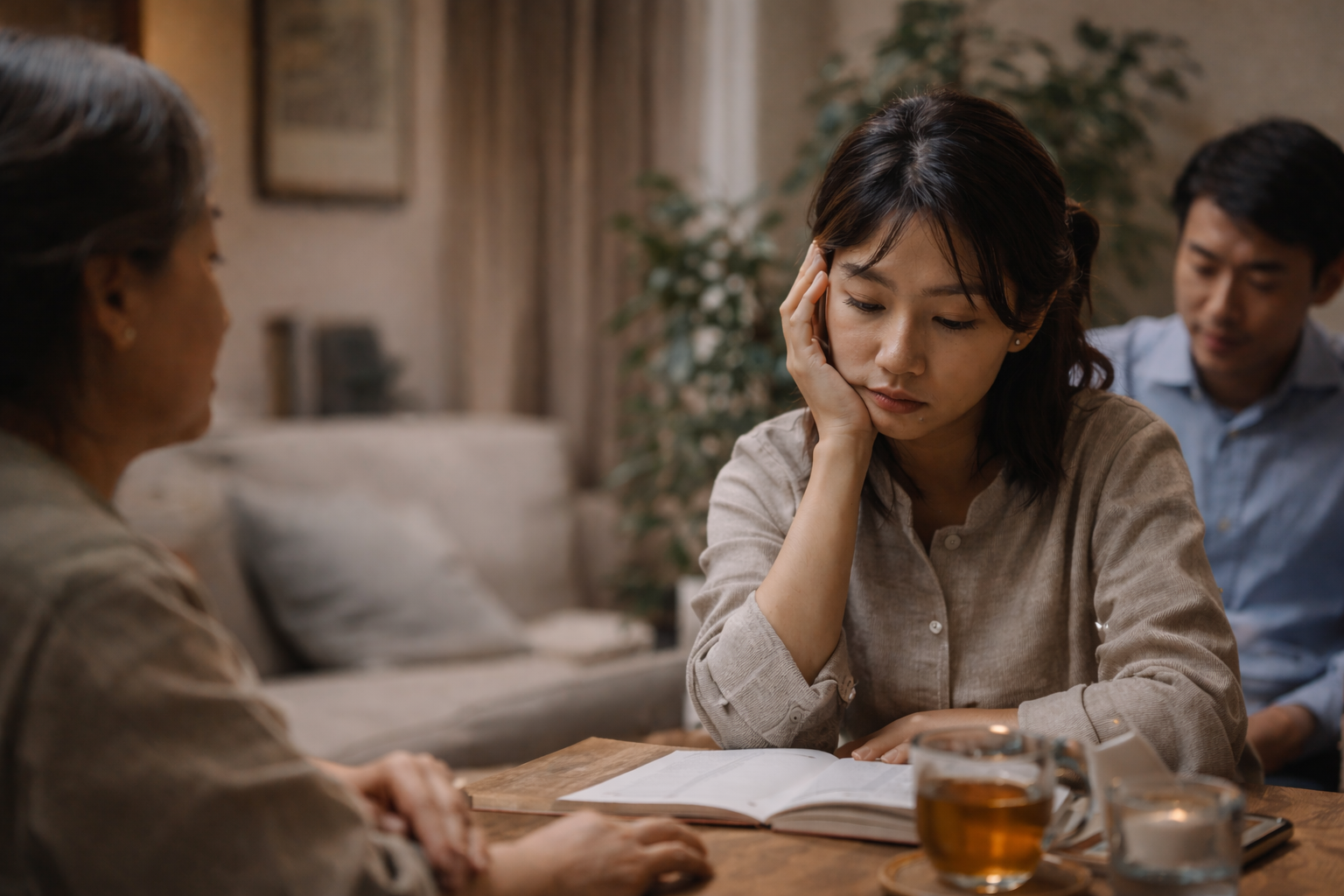 Asian woman appearing isolated while surrounded by others, illustrating the emotional tension often experienced by bicultural individuals