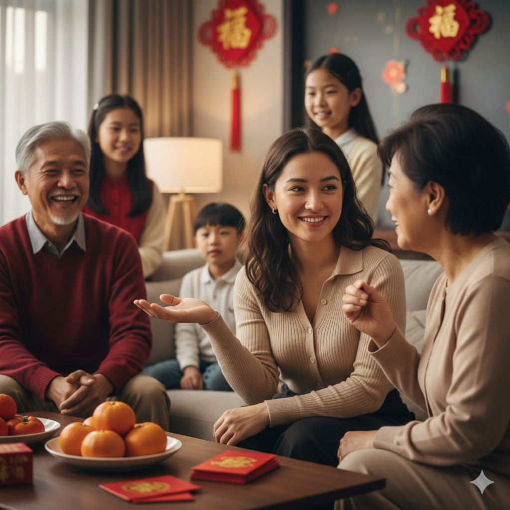 A multi-generational Asian family sitting together in a living room during Lunar New Year, illustrating the bicultural dynamics and relational boundaries discussed in Face Negotiation Theory