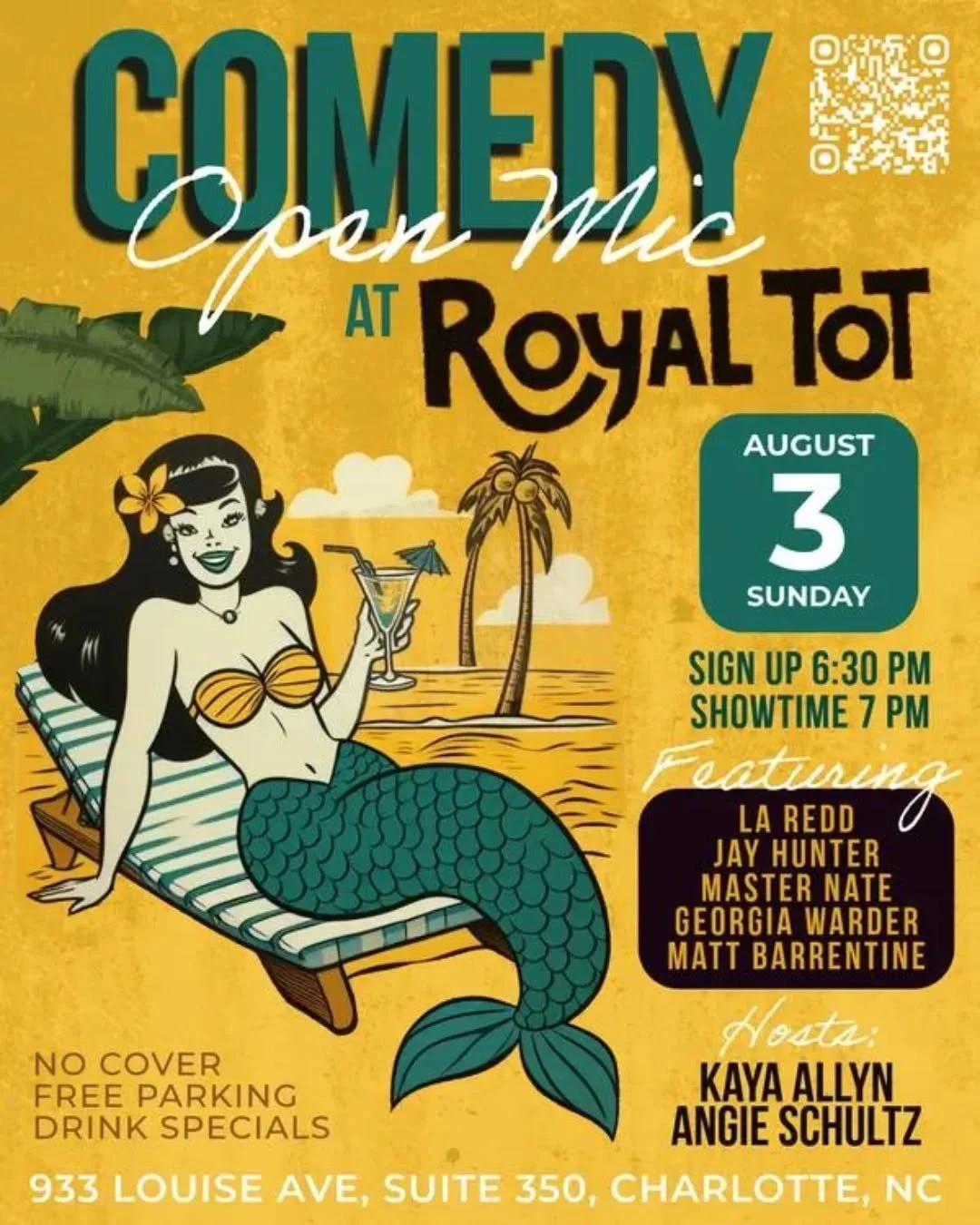 Come grab a drink, kick back, and watch comics work out new material at Charlotte&rsquo;s favorite tiki bar. We&rsquo;ve got laughs, tropical vibes, and the kind of stories you can only get at an open mic.

Sign-ups at 6:30, show starts at 7. Comics,