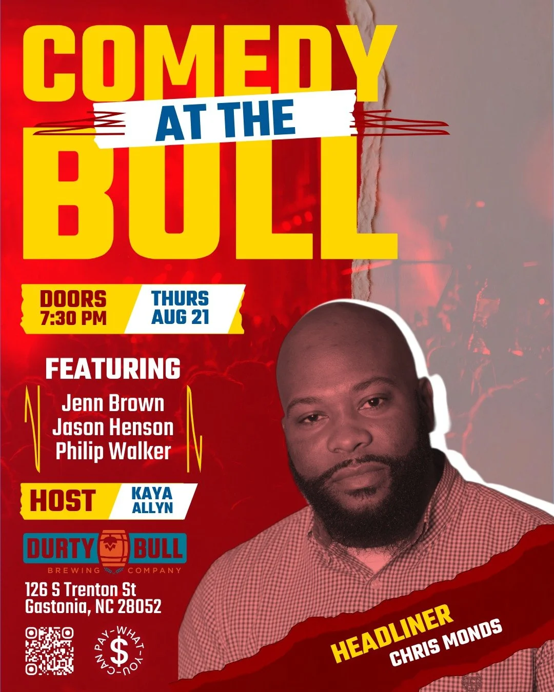🚨 Gastonia, get ready &mdash; Comedy at the Bull is back next Thursday and it&rsquo;s gonna be 🔥

Headliner Chris Monds is bringing the laughs! Since 2016 he&rsquo;s been cracking up crowds across the country with sharp observational comedy and qui