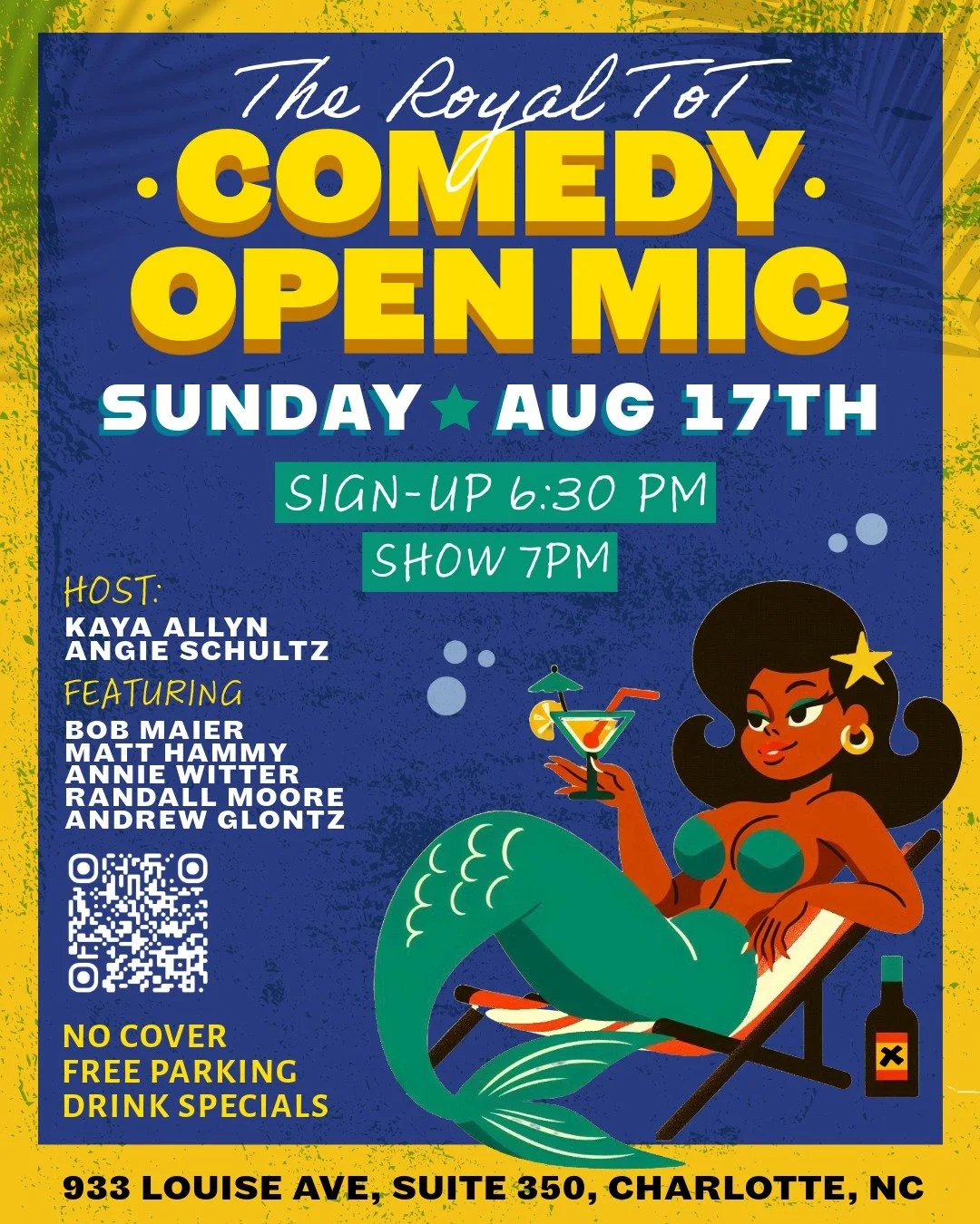🍹🚀 Sunday night = comedy night at The Royal Tot! We&rsquo;re docking in Plaza Midwood with a mic, strong drinks, and a lineup that&rsquo;s always a little unhinged (in the best way).

Free to watch &bull; Free to perform &bull; The only cover is th