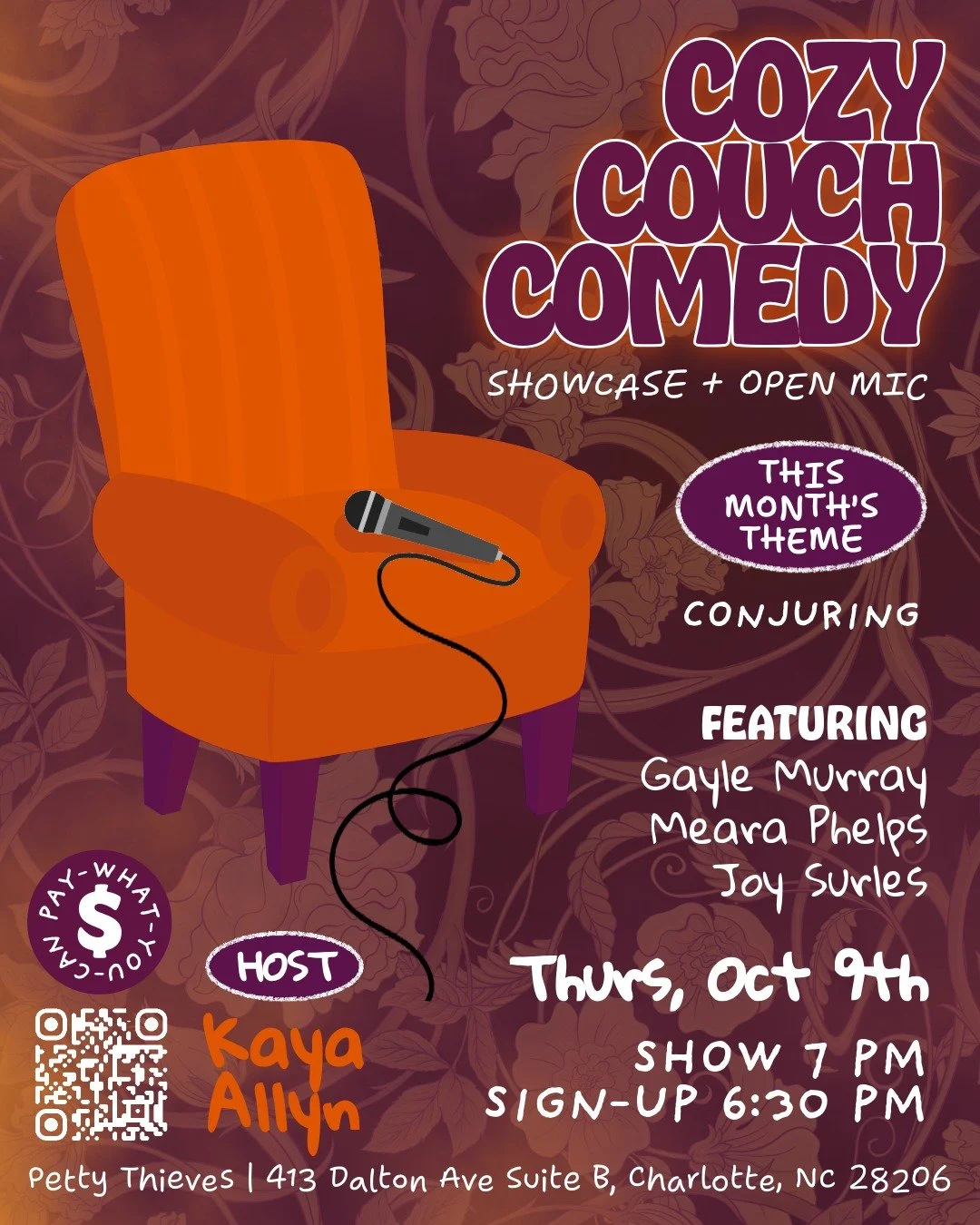 ✨🕯️ THURSDAY! 🕯️✨
Something funny this way comes&hellip;
Join us for a night where comedy meets the uncanny &mdash; where jokes are summoned, spirits stirred, and laughter raised from the dead.

Come in costume (if you dare), sip something strange 