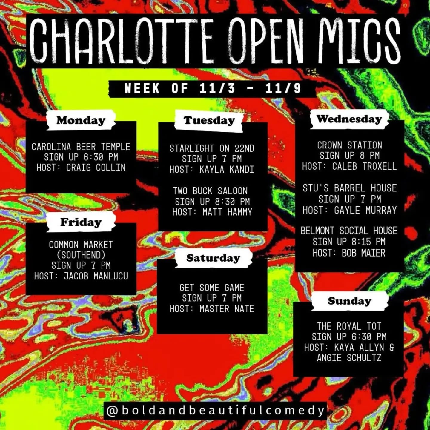 Hi everyone! 🥰 We've had a steady flow of new people so I wanted everyone to know how things go with the open mic list:

1. I only post COMEDY mics. If you are running a mic that also hosts poetry, music, etc... this is not the list for you. Comics,