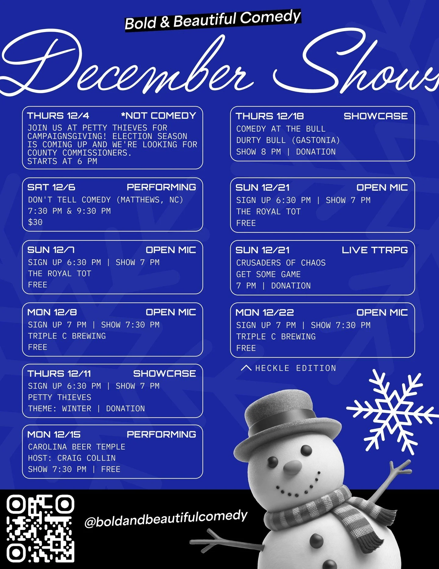 A full month of stand-up, community, chaos, and holiday foolishness&mdash;come laugh with us all December long.

📣 Thurs 12/4 &ndash; @meckforchange 
Election season is here&mdash;come help build the future. This is a community organizing meetup for