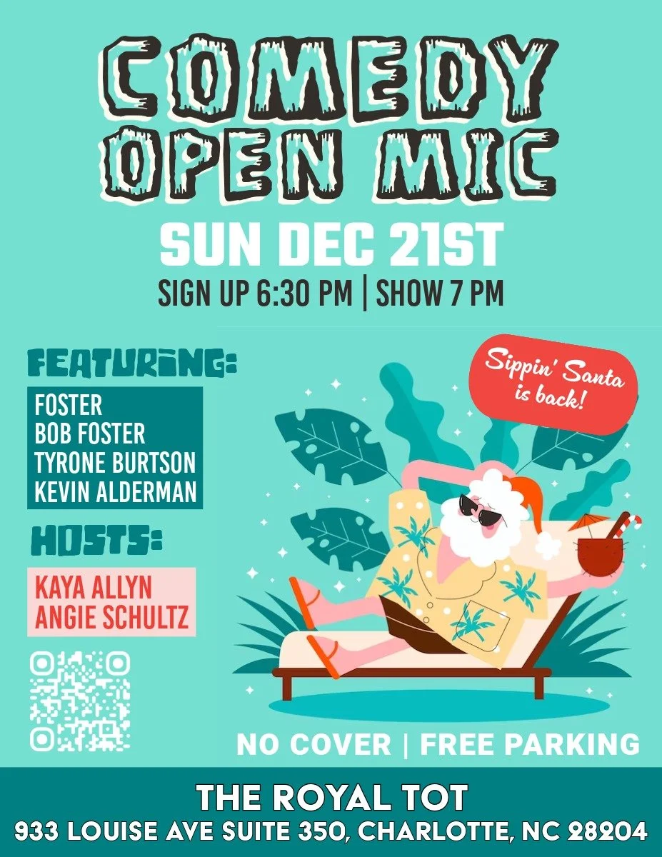 Join us for our open mic at The Royal Tot tonight &mdash; with Sippin&rsquo; Santa in full swing.

Tiki drinks, holiday chaos, and a room full of comics working things out live.
No cover. Free parking. Strong pours. Festive nonsense.

🕡 Sign-ups: 6: