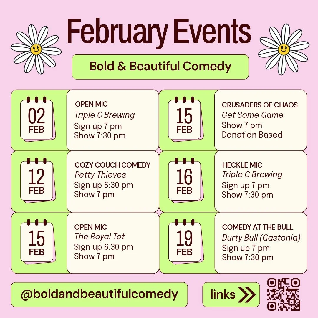 📣 Sun 2/2 &ndash; Open Mic at Triple C Brewing
Kick off the month with fresh jokes, new comics, and the supportive-but-feral energy we&rsquo;re known for. Sign-ups at 7, show at 7:30.

🛋 Wed 2/12 &ndash; Cozy Couch Comedy at Petty Thieves Brewing
A