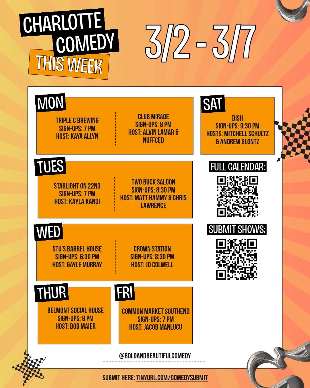 Helloooooo! Here's the open mic list for this week. No shows were added (I know there is some) but oh well! Do not send me updates of mics or shows via IG or Facebook. I will not add them. Use the link to update/add. Thanks!