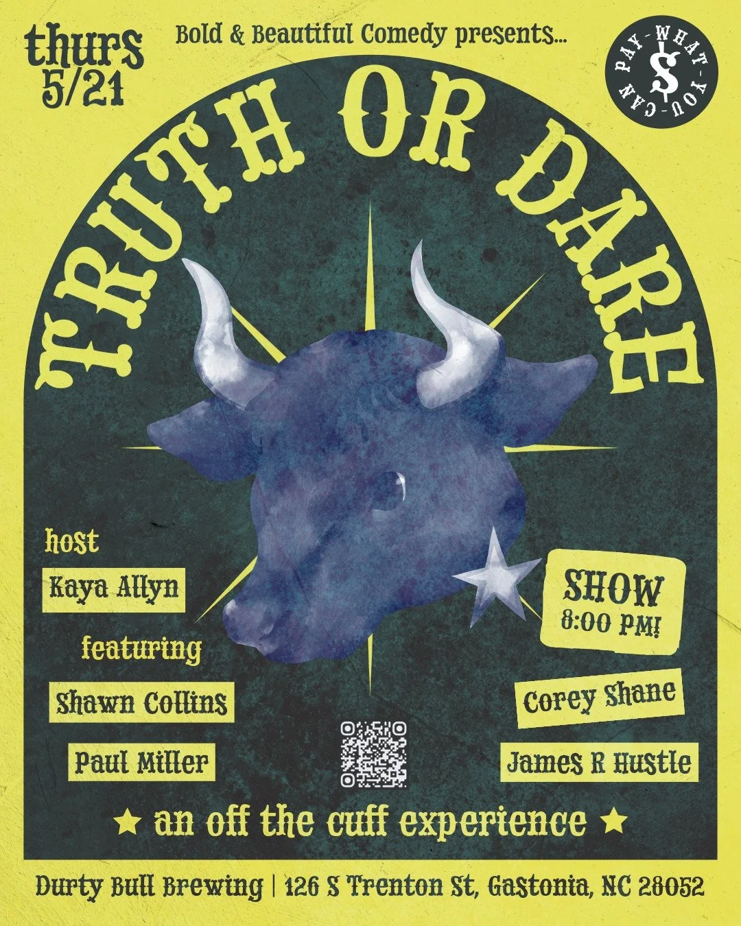 TRUTH OR DARE COMEDY
Next Thursday at Durty Bull 🍻🔥

Comedians hit the stage not knowing if they&rsquo;re about to tell a deeply personal story&hellip; or have to do something objectively humiliating in public.

Audience-submitted truths.
Audience-