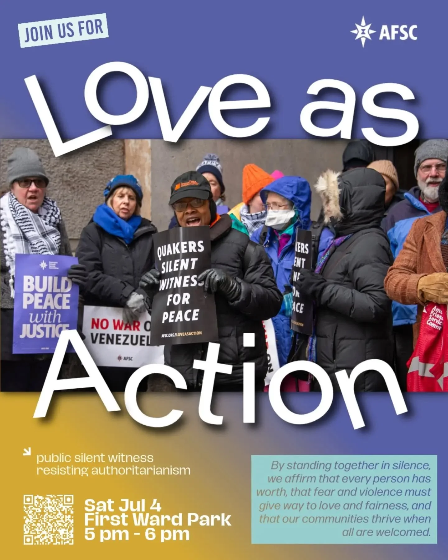 Not comedy, but important.

Tomorrow I&rsquo;ll be at First Ward Park with Charlotte Friends Meeting for Love as Action &mdash; a public Quaker silent witness with @afsc_org 

No Quaker experience needed. Bring water, a chair if you need one, and you