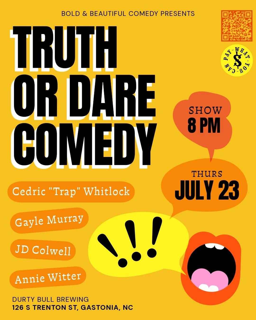 Comics hit the mic and pull a truth or a dare before trying to leave with their dignity. Most don't.

Expect stand-up, chaos, audience participation, and prizes ✨

Come laugh. Come judge. Come watch someone immediately regret saying, "I'll take 