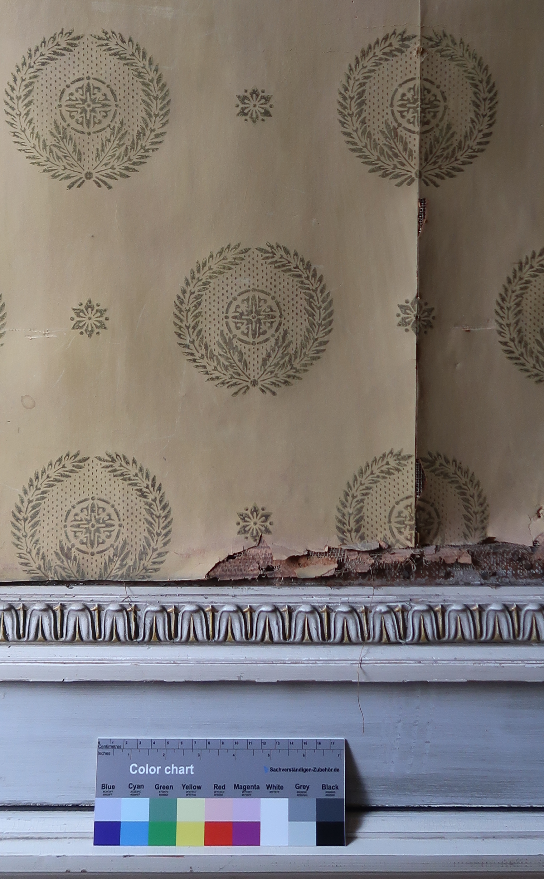 Damaged decorative wall panel with a beige background, black ornate patterns, and a detailed moldings at the bottom, with a color chart for reference.
