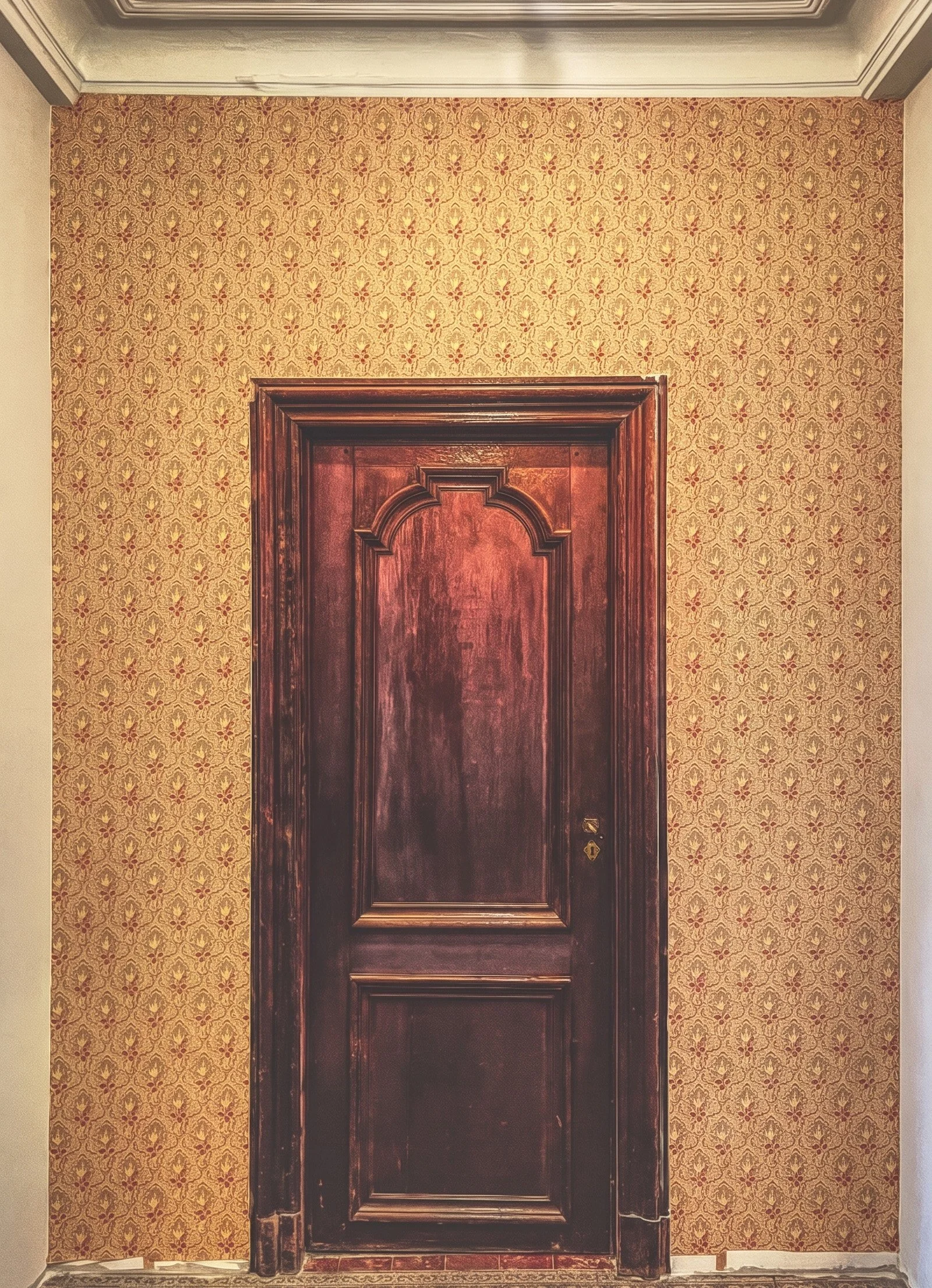 Vintage wooden door with ornate detailing, flanked by patterned wallpaper on either side.
