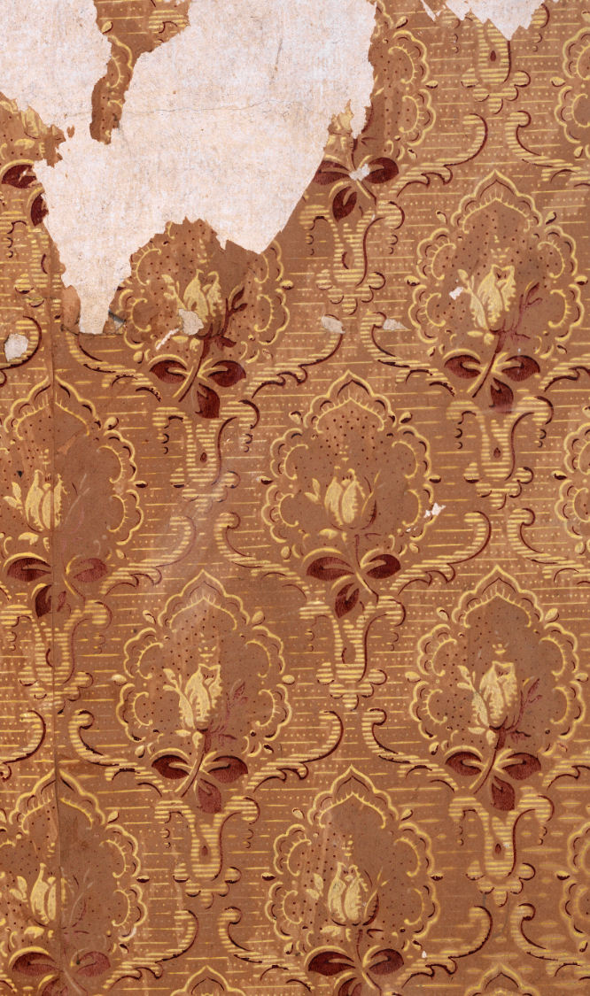 Old, damaged wallpaper with a gold floral pattern on a brown background, peeling and torn in several areas.