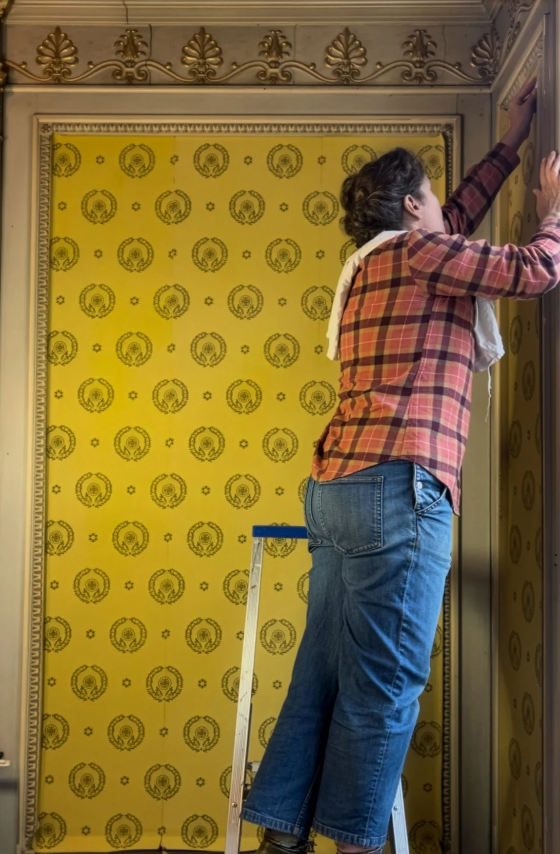 A person standing on a step stool, reaching above their head with one hand, working on an ornate wall near a yellow wallpapered wall with a repeating emblem pattern.