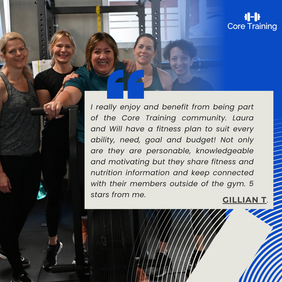 Five women posing in a gym beside exercise equipment with a Core Training community testimonial overlay.