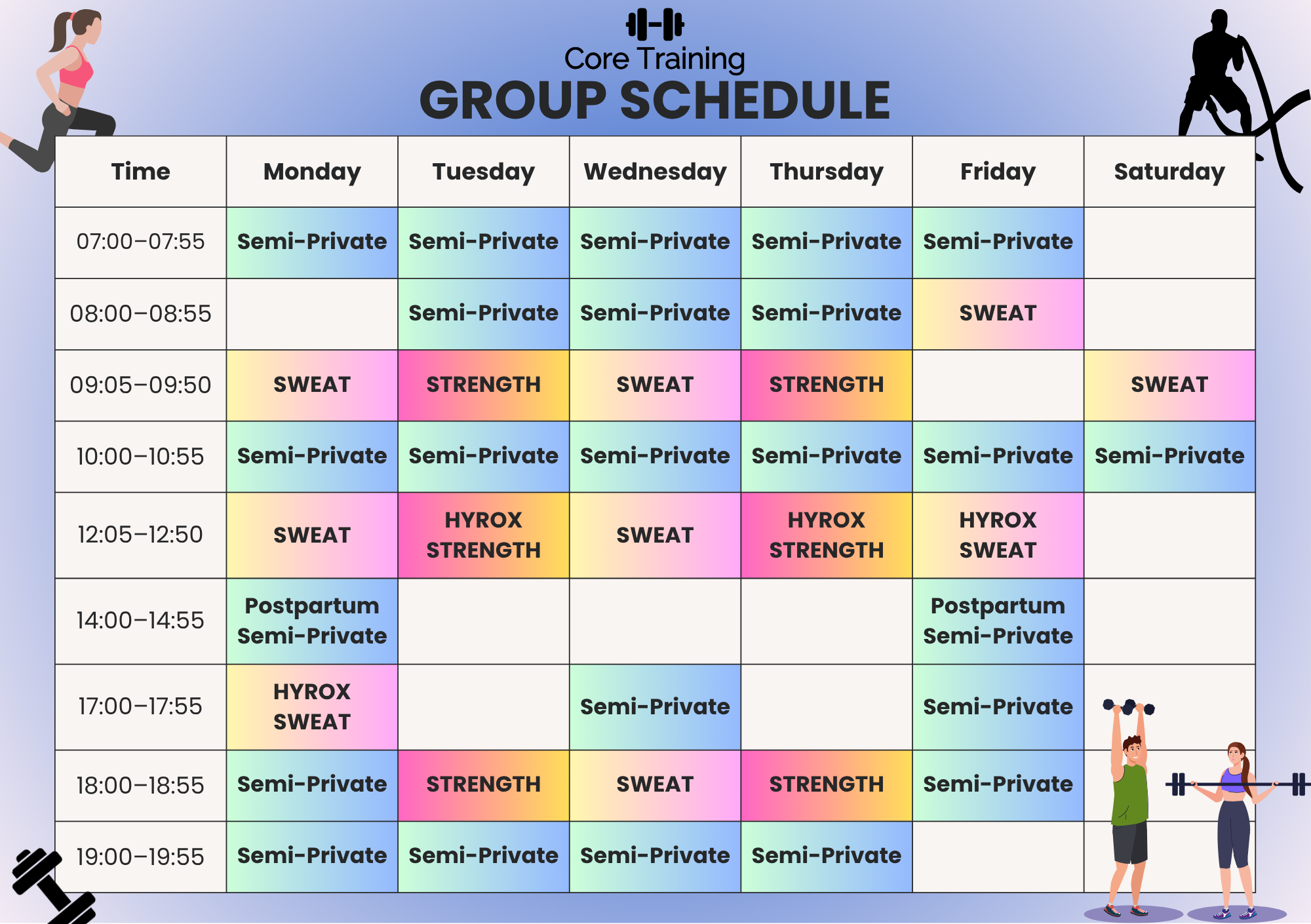 A group training gym schedule showing classes from Monday to Saturday with times and types of classes, including Semi-Private, Sweat, Strength, HIIT, and Postpartum Semi-Private, along with illustrations of a woman lifting weights, a woman running, and a woman lifting a barbell.