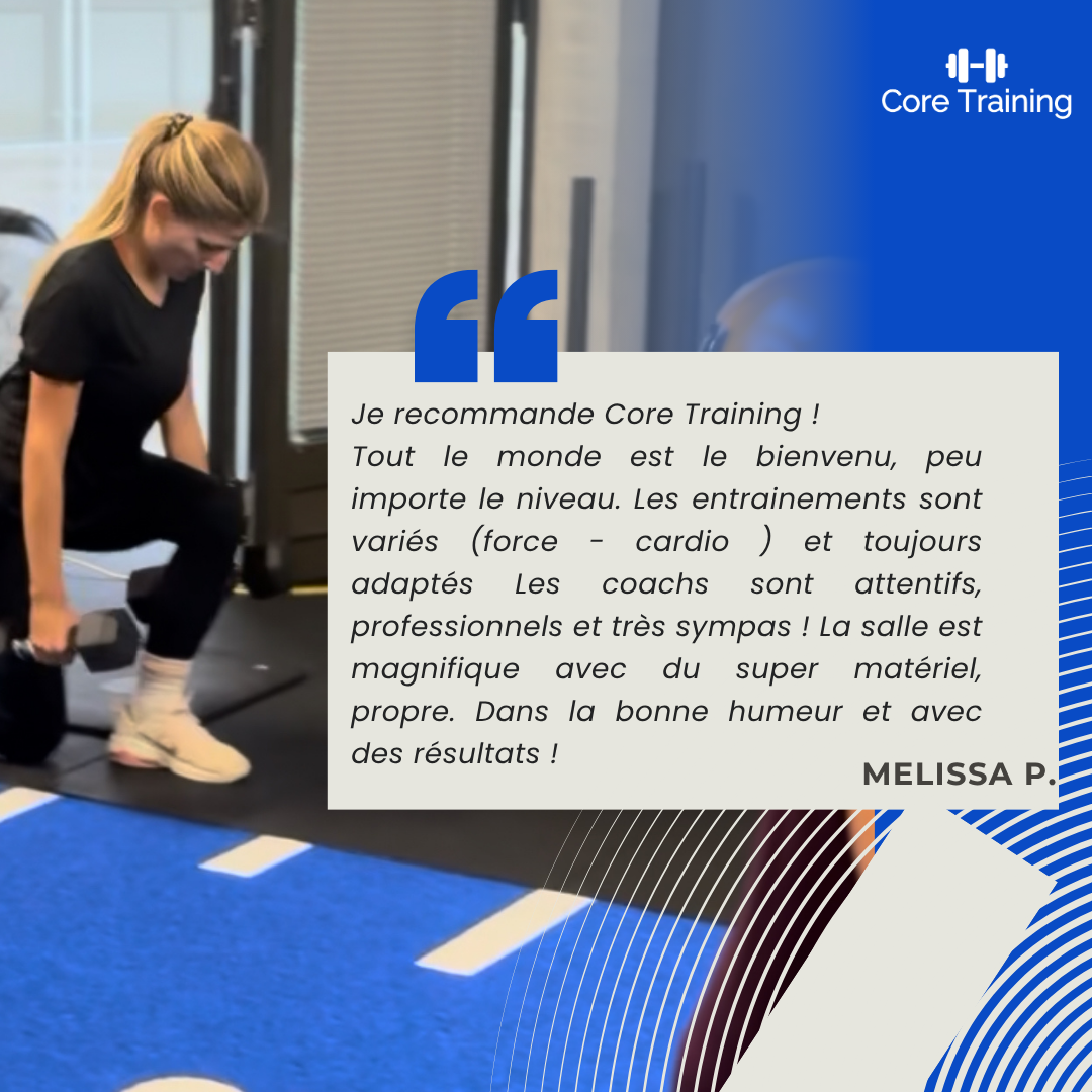 Woman performing a dumbbell core workout in a gym beside a French Core Training testimonial graphic.