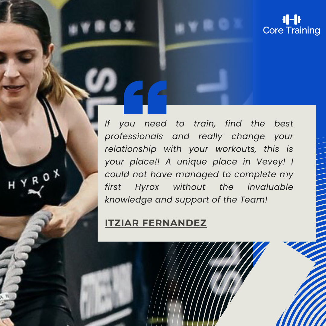 Core Training testimonial featuring Itziar Fernandez during a HYROX workout with battle ropes.