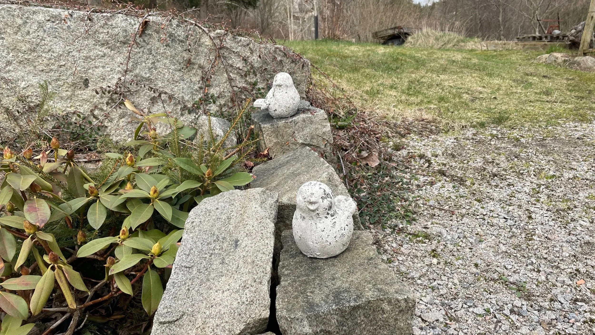 Stone garden ornaments on rocks in outdoor setting with grass, plants, and gravel, with a wooded background and various objects in the distance.