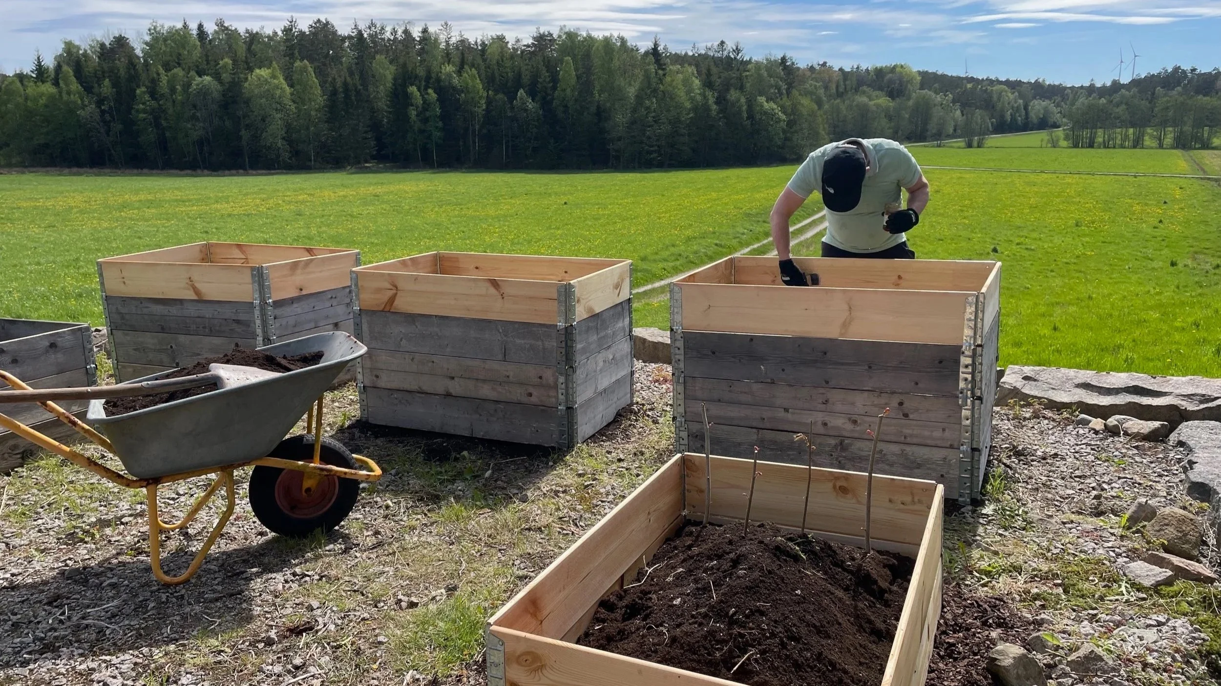 Person working in a garden with wooden planters in a rural field, accompanied by a wheelbarrow and gardening tools, under a partly cloudy sky.