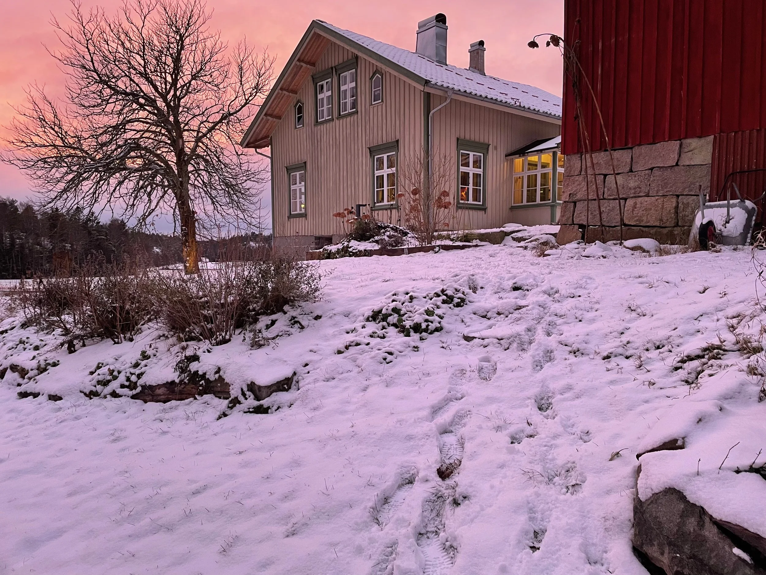 Snow-covered backyard with a leafless tree, a wooden house with lit windows, and another red building or barn. Footprints in the snow and a small object, possibly a wheelbarrow, are also visible.