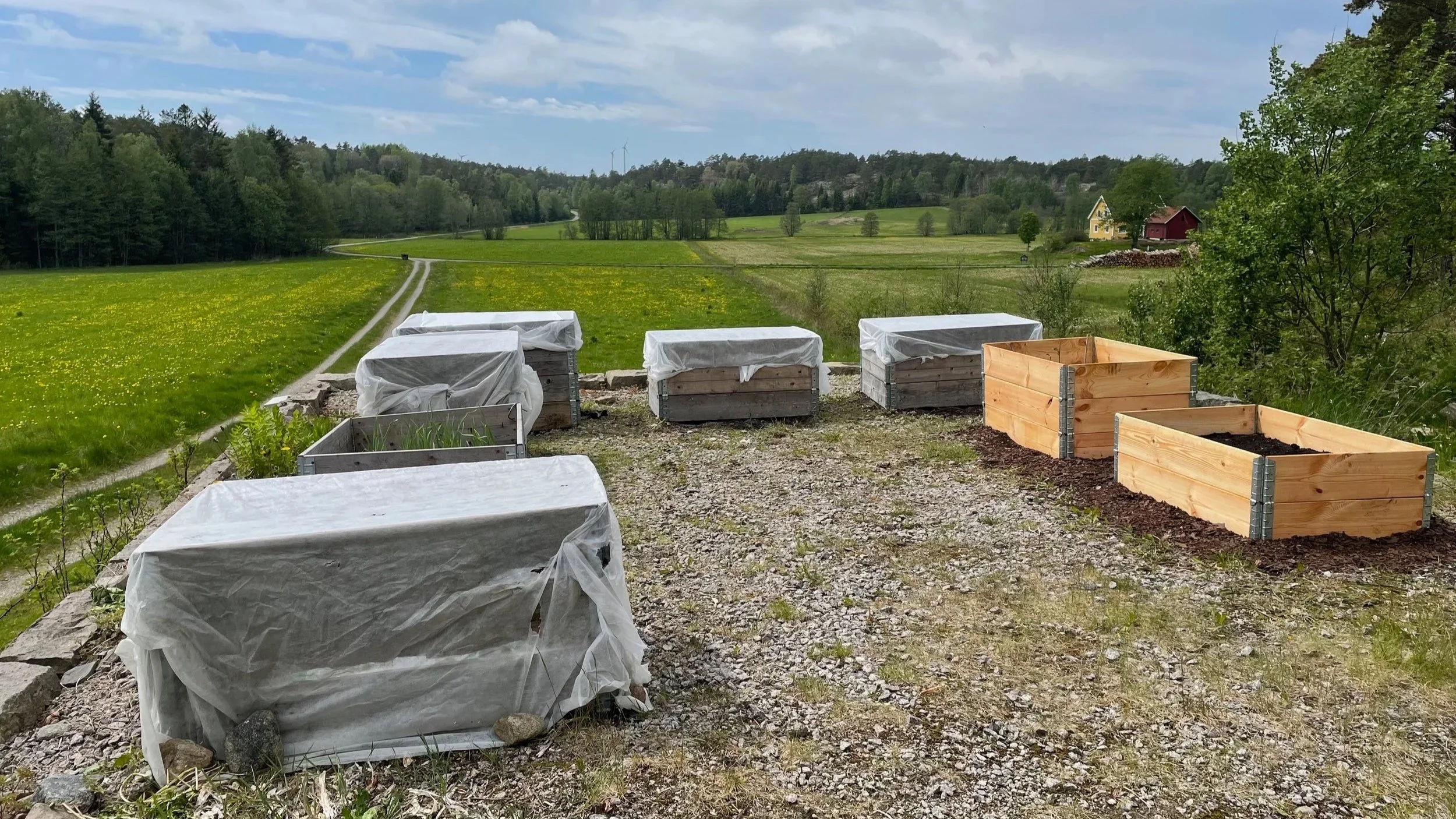 Wooden garden beds on a gravel surface with a rural landscape of green fields, trees, and distant houses under a partly cloudy sky.