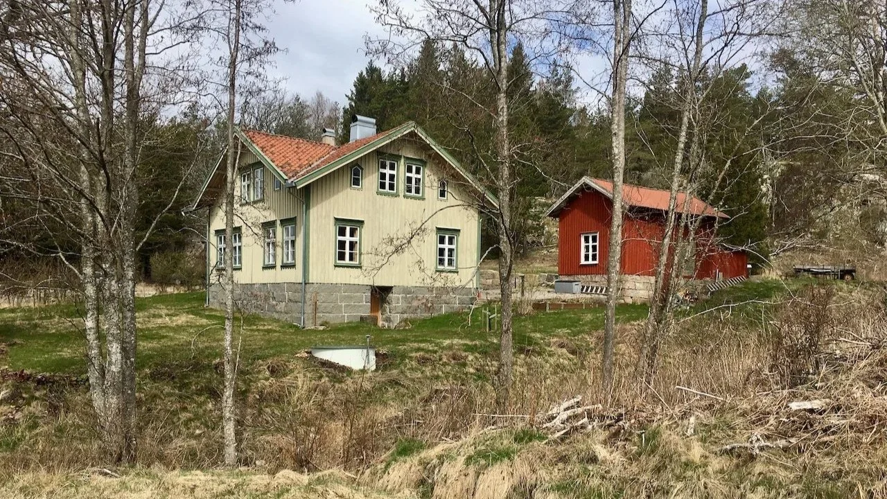 A rural landscape with two houses, one pale yellow with a red roof and one red with a brown roof, surrounded by trees and grass, under a cloudy sky.