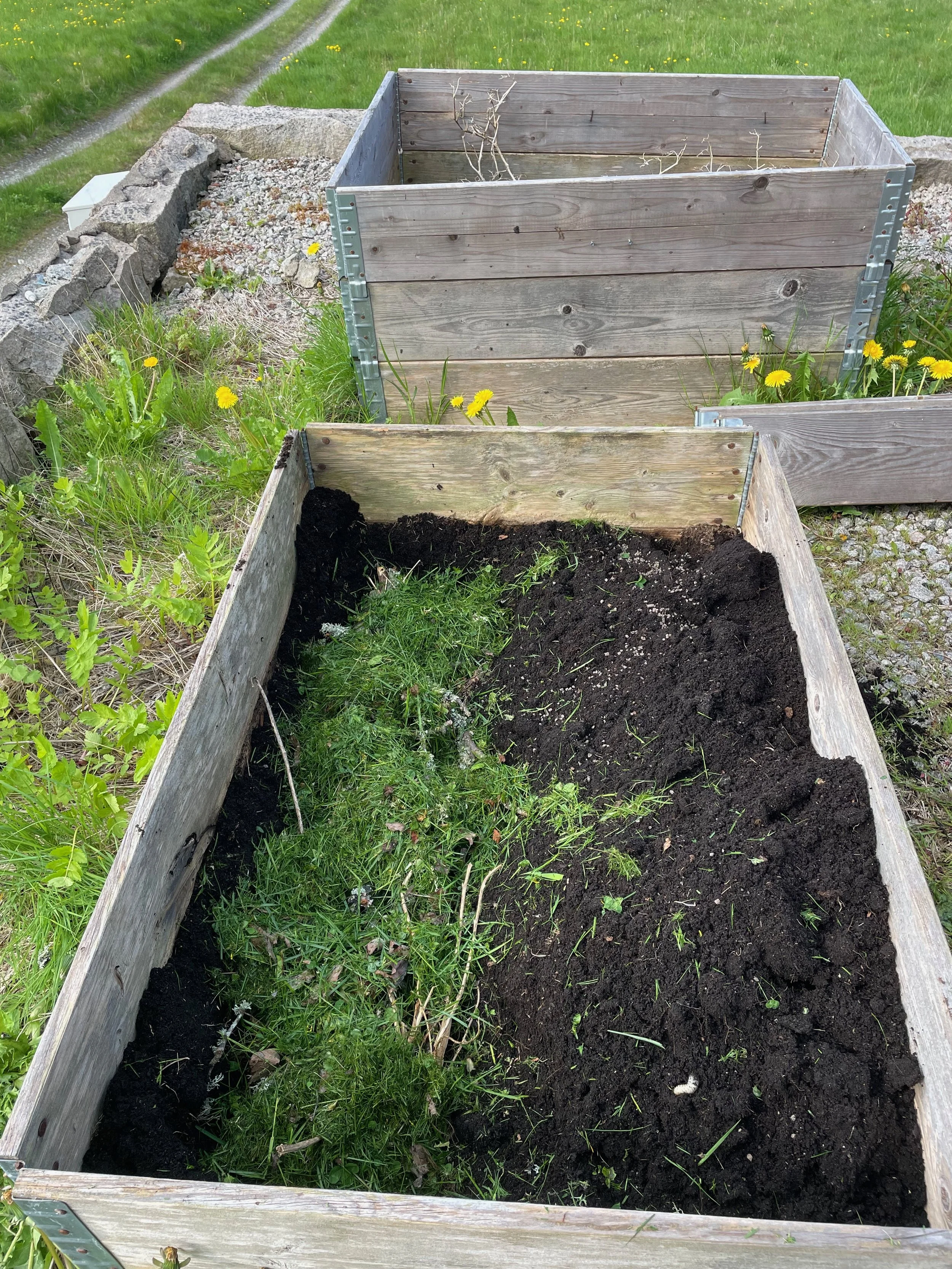 Empty wooden garden planter with dark soil inside, next to some green grass and plants, on a lawn with a stone and gravel border, and a grassy field in the background.