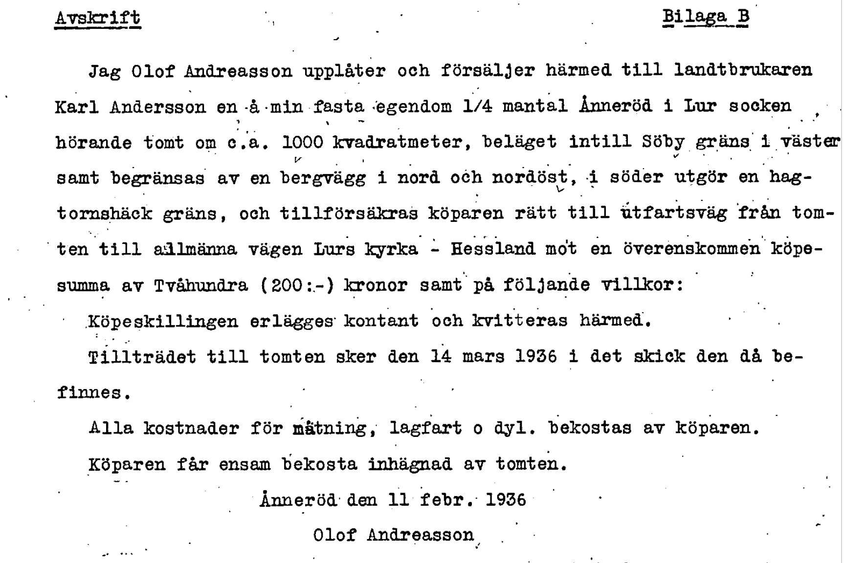 This is a black-and-white typed letter in Swedish, discussing the sale and purchase of land, including details about the property, price, and conditions.