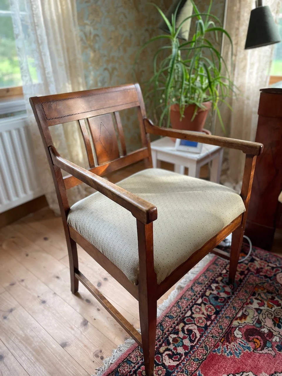 Period chair newly covered with vintage fabric