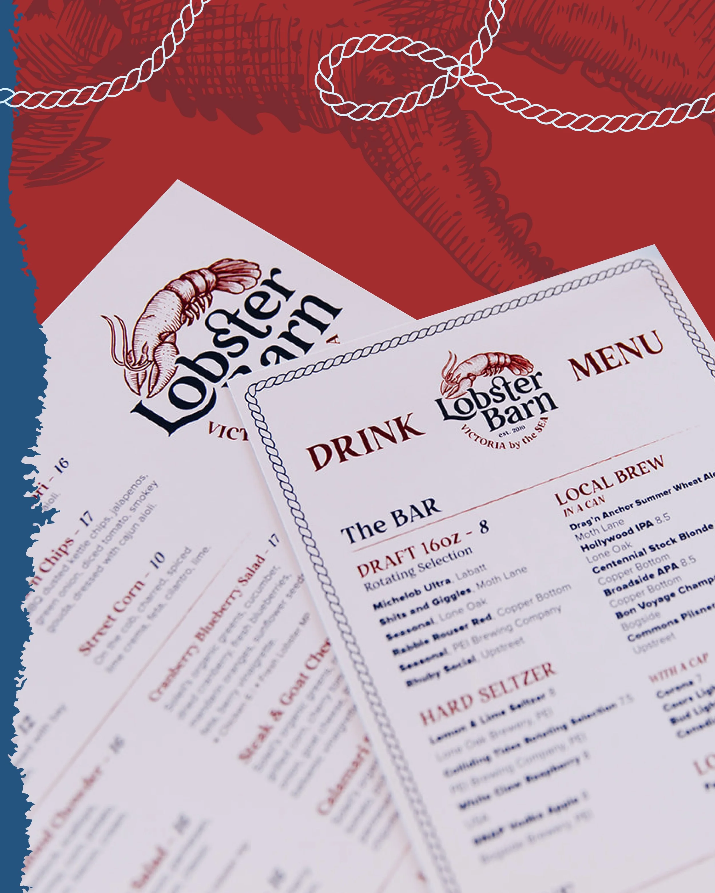 Menu and receipt from Lobster Barn restaurant, featuring drink options and seafood dishes, with a lobster logo on both documents. - Hijinks Design Agency