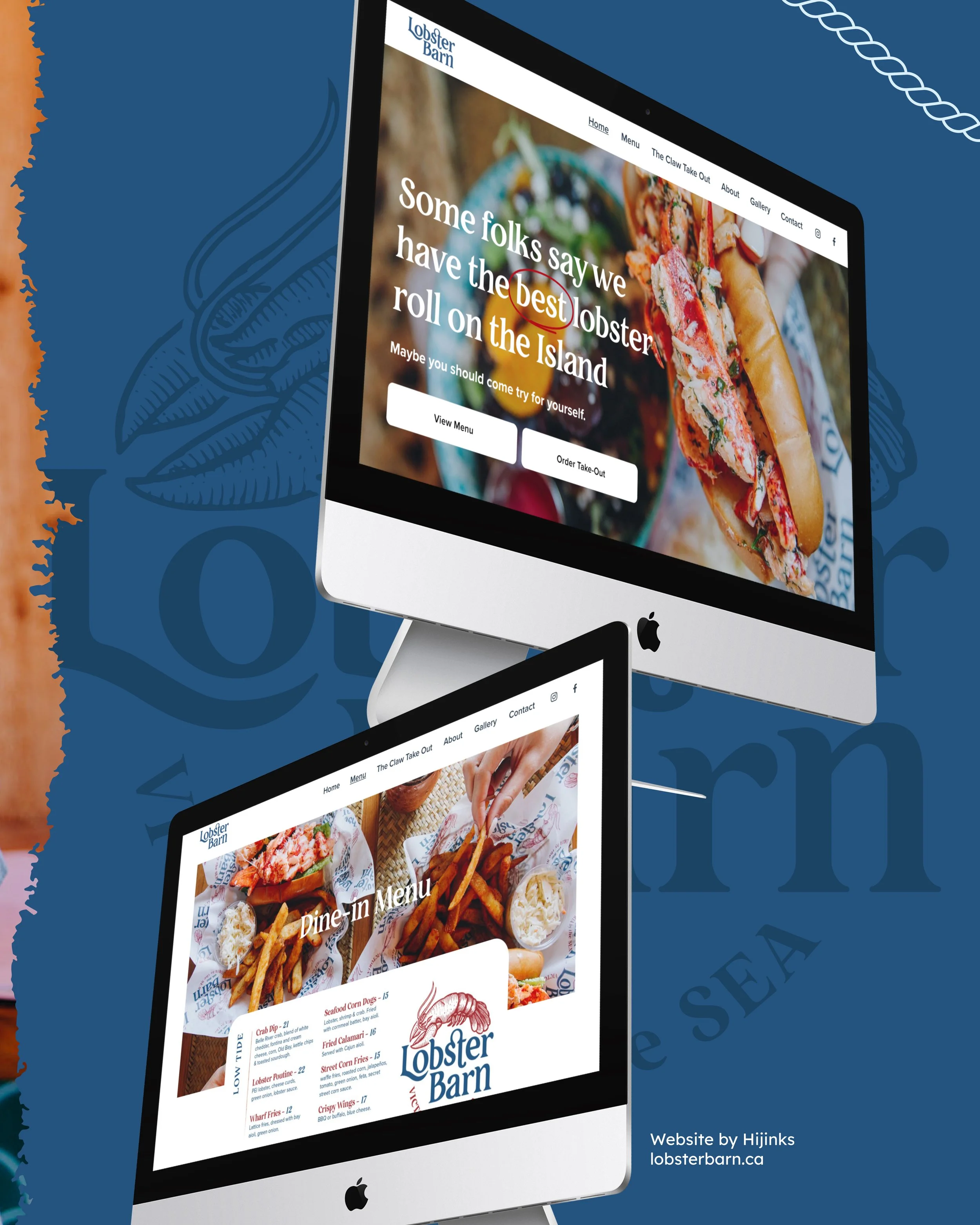 Screenshots of the Lobster Barn restaurant website on two iMacs, featuring images of lobster rolls and fries, with menus and ordering options. - Hijinks Design Agency