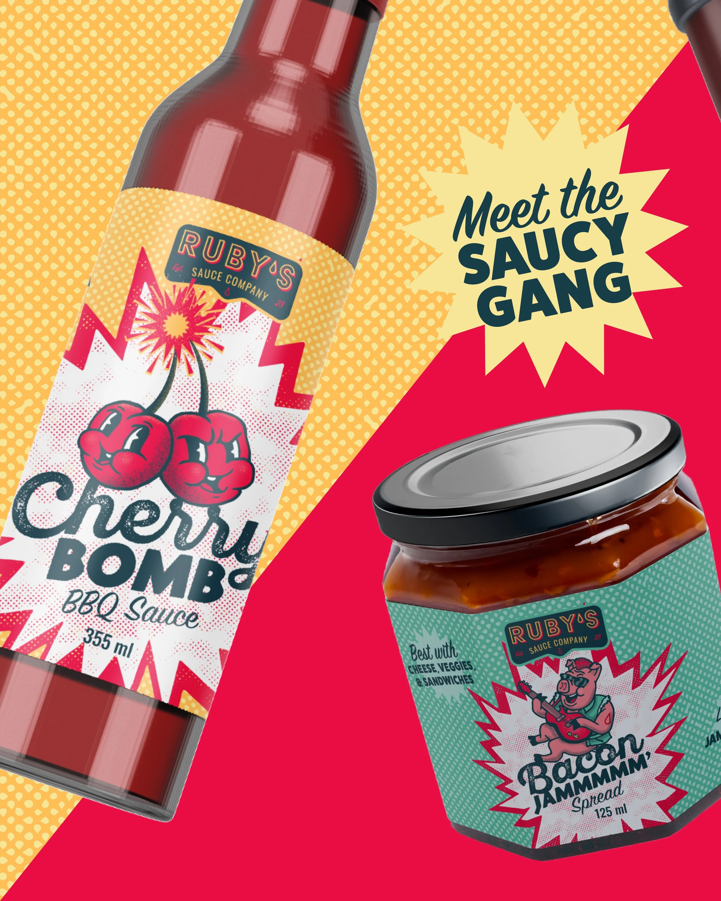 Two bottles of Ruby's sauces, Cherry Bomb BBQ Sauce and Bacon MMMMM Spread, with colorful, comic-style labels and a background split diagonally yellow and red. - Hijinks Design Agency
