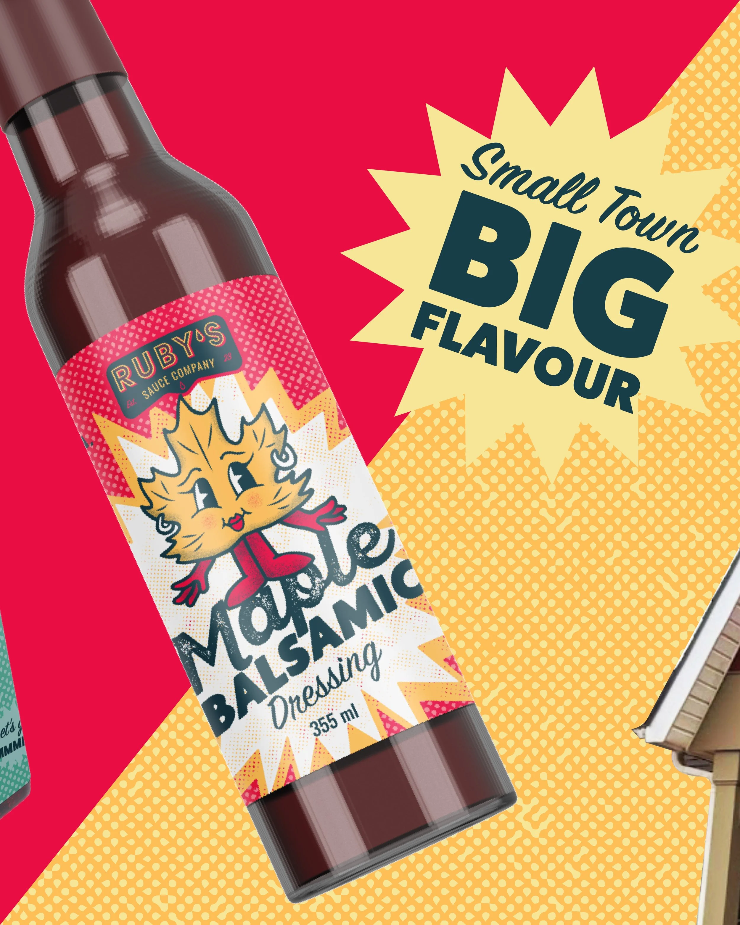 A bottle of Marie Balsamic Dressing with a cartoon character on the label and a yellow starburst graphic with the words "Small Town Big Flavour" on a red and yellow background. - Hijinks Design Agency