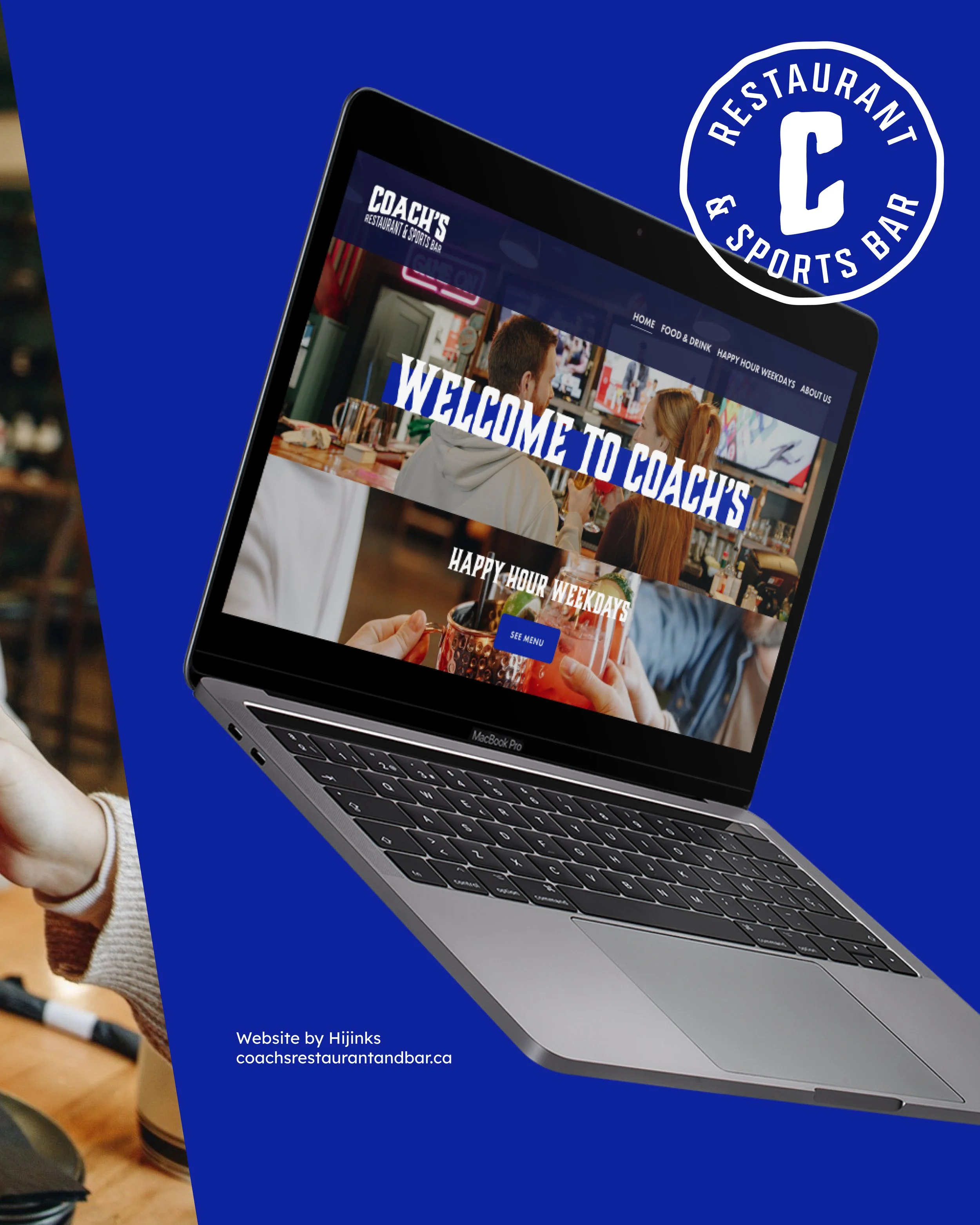 A laptop displaying the website for Coach's Restaurant and Sports Bar, with a menu and promotional information. The background is blue, and there's a round logo of the sports bar in the top right corner. - Hijinks Design Agency