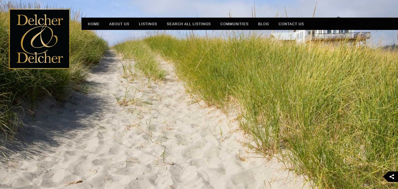 Website interface with Delcher & Delcher logo, navigation menu, sandy path through beach grass, and coastal house.