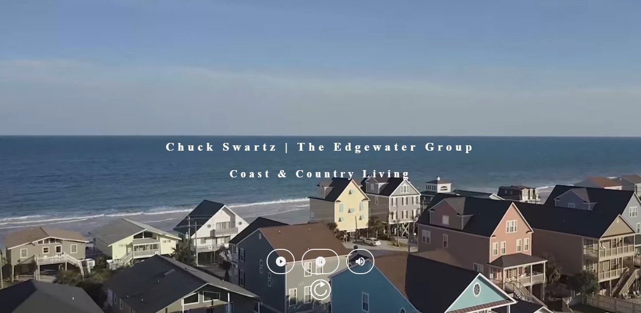 Aerial view of beachfront homes with ocean in background, labeled "Chuck Swartz | The Edgewater Group, Coast & Country Living."
