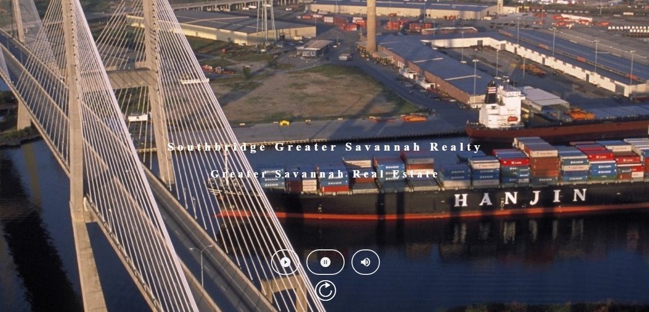 Cargo ship under bridge at Savannah port with shipping containers and port facilities in the background.