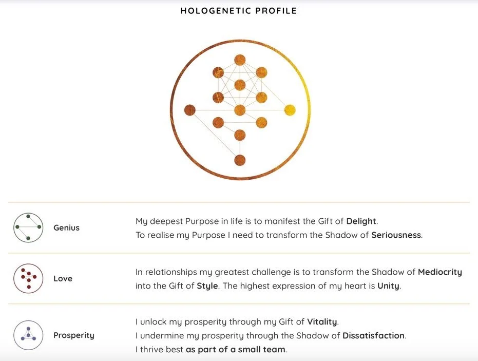 Diagram titled 'Hologentic Profile' with colorful interconnected circles representing Genius, Love, and Prosperity, each with descriptive text about personal growth and relationships.